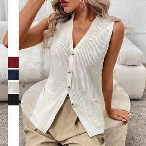 Women Casual V Neck Knitted Vest Cardigan Sleeveless Ribbed Sweater With Buttons And Pockets Elegant Urban Style Tops