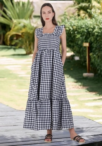 Detailed view of the square neck smocking and gingham pattern on a summer maxi dress