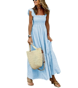 Detail of square neckline with smocked bodice and ruffles on a blue plaid summer maxi dress