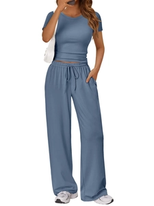 Detail of blue two-piece lounge set with crew neck tee and drawstring wide leg pants