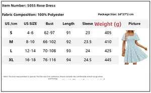 Detailed size chart for square neck floral summer dress with measurements in US and CM