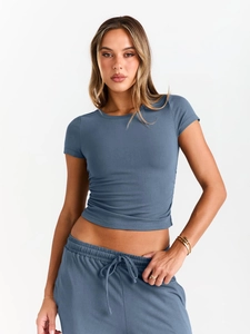 Detail of grey-blue short sleeve t-shirt and drawstring sweatpants loungewear set