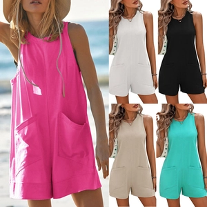 Women Casual Sleeveless Backless Romper Round Neck Loose Summer Jumpsuit With Pockets Rayon Polyester Blend Fashion Bodysuit