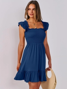 Detailed view of square neck smocked navy blue plaid midi dress with ruffle sleeves
