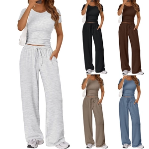 Women's Casual Two Piece Set Short Sleeve Round Neck T-Shirt And High Waist Drawstring Wide Leg Pants Summer Lounge Set