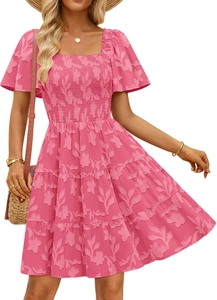 Detail of square neck dress with floral relief texture and smocking elastic bodice
