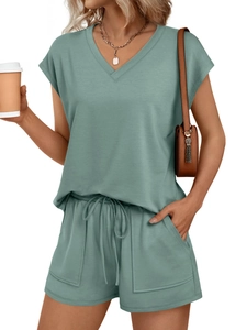 Detail of sage green V-neck short sleeve top and drawstring shorts loungewear set