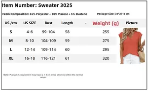 Size chart for women's V-neck knit top detailing measurements for S, M, L, XL sizes