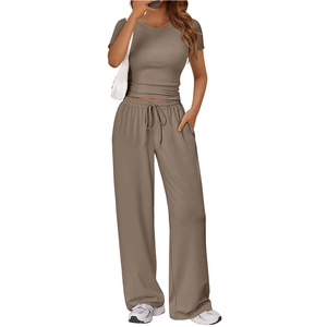 Women's two-piece lounge set with short sleeve round neck top and wide leg pants in taupe