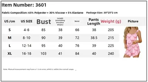 Size chart detail for pink bow print cami and shorts pajamas set with fabric specs