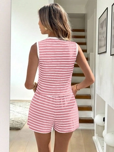 Rear view of pink and white striped knit two-piece set with tank top and shorts