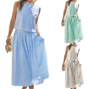 Ensemble Top And Bottom en Coton Rayé pour Femme Débardeur Sans Manches et Jupe Midi Taille Haute Élégant Tenue de Vacances d'Été
