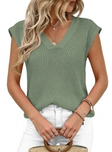 Detail of green V-neck sleeveless knit top featuring textured cotton blend fabric
