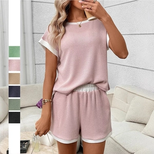 Women Casual Ribbed Knit Top And Bottom Outfit Contrast Trim Short Sleeve Crew Neck Lounge Wear Clothing