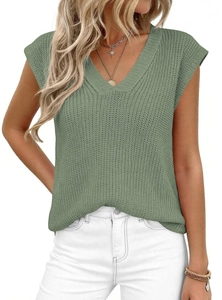 Detail of V-neck sage green sleeveless knit sweater vest with coarse texture