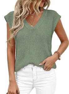 Close-up of sage green chunky knit V-neck vest with ribbed edges and stripe texture