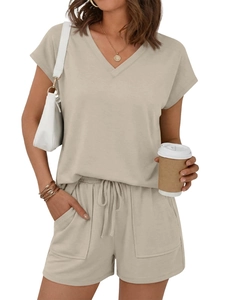Detailed view of women's V-neck short sleeve two-piece set with drawstring waist pockets
