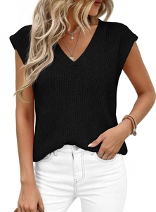 Close-up of black V-neck knit top showing vertical ribbed texture and slim fit design