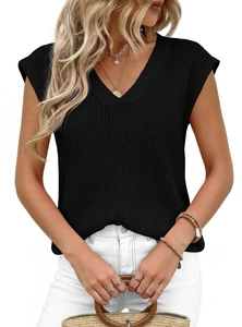 Detailed close-up of the coarse knit texture on this casual black V-neck vest sweater
