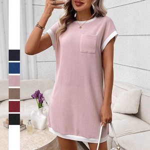 Γυναικείο Casual Πλεκτό Μίνι Φόρεμα με Ραβδώσεις και Αντίθεση Κοντό Μανίκι Τσέπη Ίσιο Φόρεμα T-Shirt για Καλοκαιρινό Streetwear