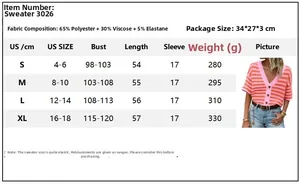 Size chart showing S-XL dimensions and fabric composition for v-neck striped knit cardigan
