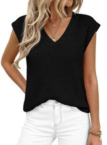 Detail of the high-quality black V-neck knitted sleeveless vest top on a white background