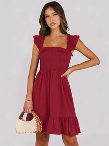 Detail of square neck smocked dress with ruffle sleeves in deep wine red fabric
