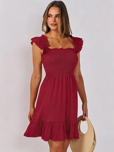 Detail of smocked bodice and ruffled straps on this dark red square neck summer dress