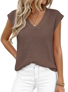 Close-up of a brown V-neck sleeveless knit top featuring textured ribbed fabric and loose fit