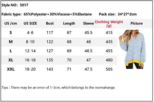 Size chart for women's V-neck striped sweatshirt with fabric details and measurements