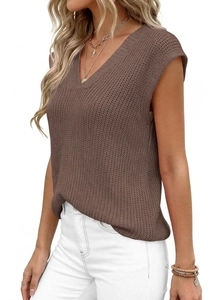 Detail of V-neck sleeveless brown knit top with chunky knit texture and loose fit