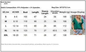 Detailed size chart for lace V-neck satin short sleeve top with measurements in US and cm
