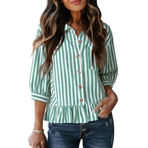 Women's casual green and white striped shirt with lapel buttons and ruffled hem design