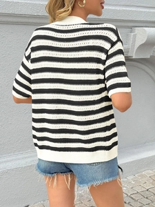 Back view of summer V-neck striped hollow knit short sleeve cardigan on model