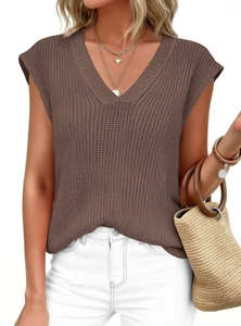 Detail of dark brown V-neck knit vest with fine ribbed texture and loose casual fit