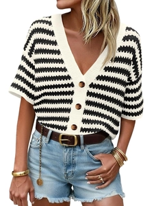 Close-up of V-neck striped knit cardigan with tortoiseshell buttons and hollow texture