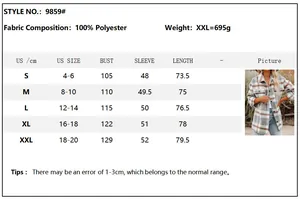 Size chart for women flannel plaid shirt jacket with detailed bust and sleeve measurements