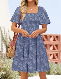 Detail of light blue floral smocked dress with textured fabric and ruffled short sleeves