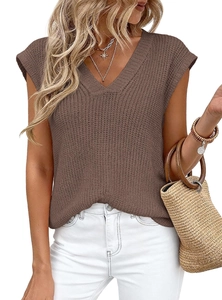 Detail of a brown V-neck textured knit vest with relaxed fit and waffle pattern
