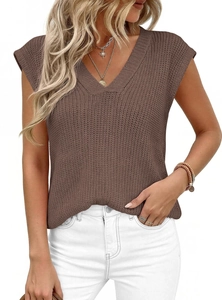 Detail of V-neck brown chunky knit sweater vest with thick texture and sleeveless cut