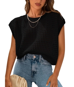 Close-up of black hollow-out knit vest with sleeveless round neck and mesh texture detail
