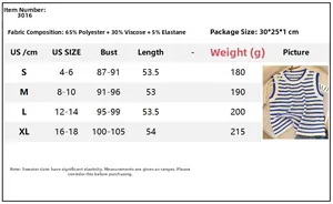 Detailed size chart for striped sleeveless knit vest with fabric blend specifications