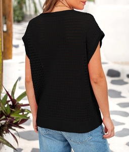 Detail of black crochet knit vest featuring openwork mesh texture and ribbed edges