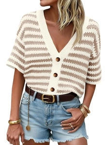 Detail showing the deep V-neckline and tortoiseshell buttons on the striped knit cardigan
