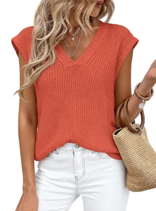 Detail of chunky knit V-neck sleeveless top in orange red with textured weave