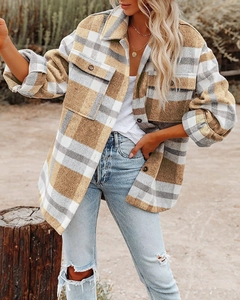 Close-up of flannel plaid shacket showing textured wool fabric and button pockets