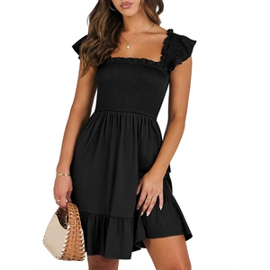 Women's summer black square neck smocked midi dress with ruffle sleeves and A-line skirt