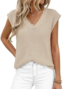 Close-up of the chunky knit texture and V-neck design on this beige sleeveless top