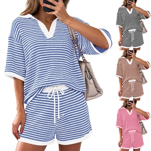 Damen Gestreifte Strick Oberteil Und Shorts Kleidung V Ausschnitt Kurzarm Lässig Sommer Strand Lounge Outfit