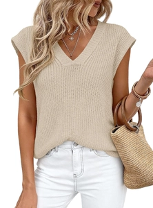 Close-up of beige V-neck knitted vest showing the premium chunky knit texture and detail